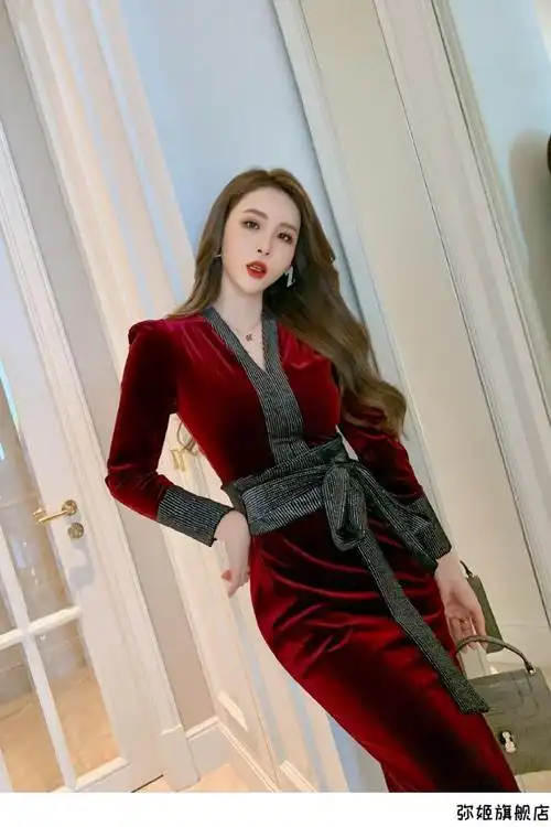 年会晚礼服小个子质感裙子酒红色金丝绒连衣裙法式s金丝绒连衣裙法式