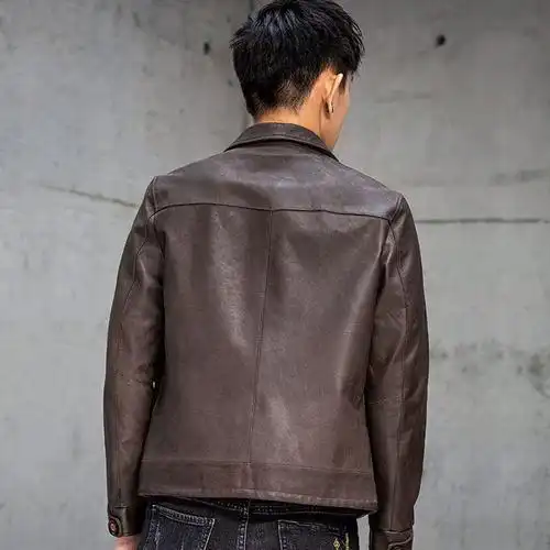 外套短款翻领修身皮夹克男潮韩版复古新款高端进口真水洗皮衣男士