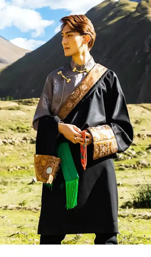 藏族服装男藏袍黑色棕边康巴服饰服藏族服装男2022年新款藏袍上衣衬衣