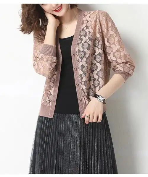 女装新款蕾丝针织开衫外套衣女春夏薄款宽松披肩外搭短款镂空上衣红色