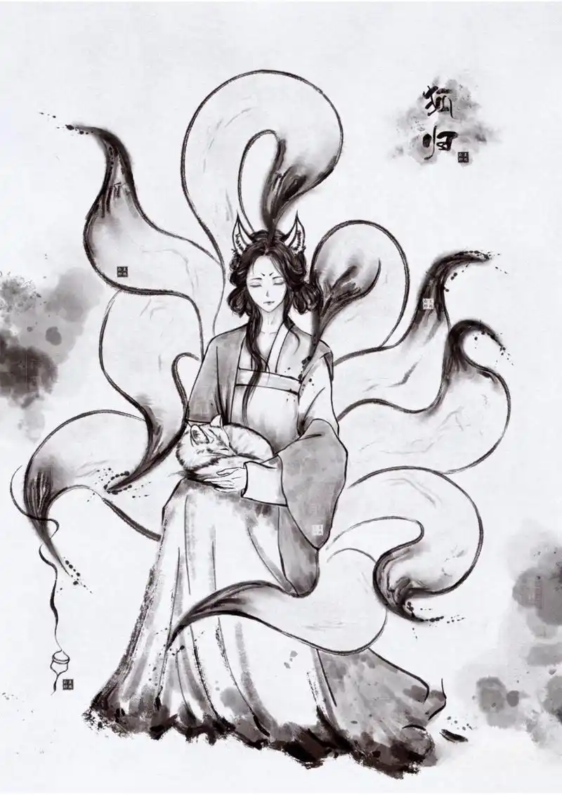 ipad水墨 | 动物拟人插画·九尾狐 30天野生古风人物打卡挑战5/30