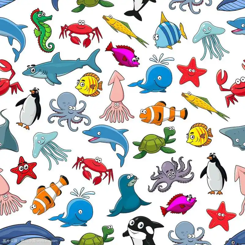 卡通图案的海鱼和海洋动物