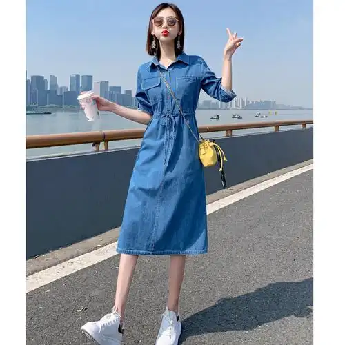 牛仔连衣裙女夏2021年新款收腰显瘦气质时尚长款过膝短袖衬衫裙子
