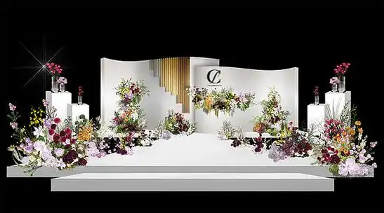 韩式简约白绿玫红鹅黄撞色婚礼舞台效果图