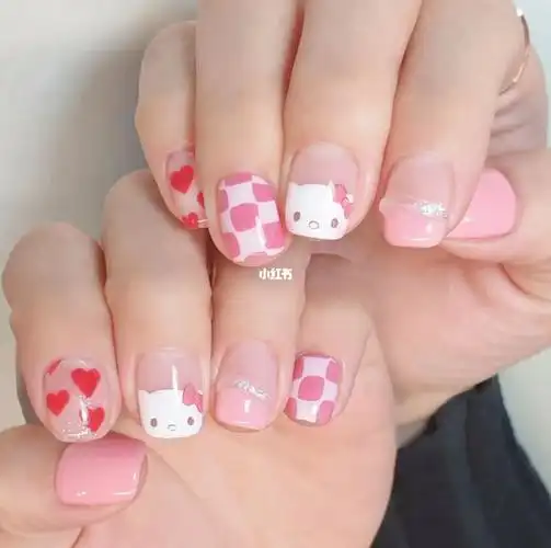 粉色keiti猫美甲美甲夏日甲可爱手绘美