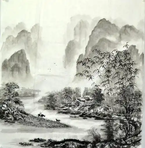 字画中式风景茶楼客厅无款手绘山水桂林水墨国画