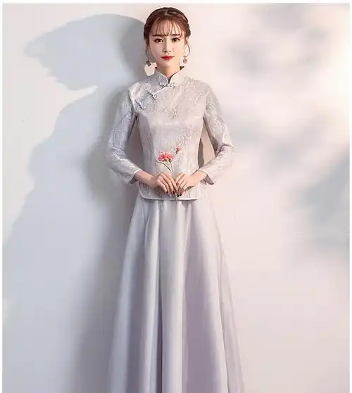 中式伴娘服长款2019秋冬款粉色复古结婚伴娘团礼服姐妹裙合唱礼服