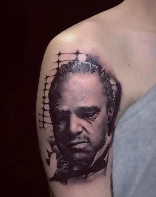 教父纹身图片_肩部欧美写实肖像纹身图案