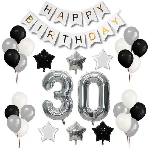 30 岁生日装饰 - 白色快乐生日横幅 - 6 个黑色气球   7 个白色气球