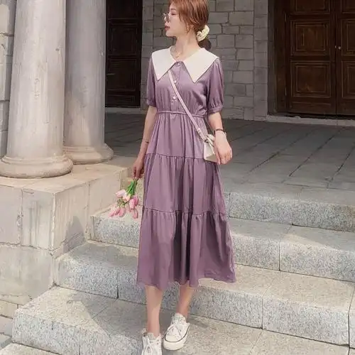 拼接连衣裙女夏2021新款宽松显瘦可盐可甜气质桔梗裙初恋长裙法式