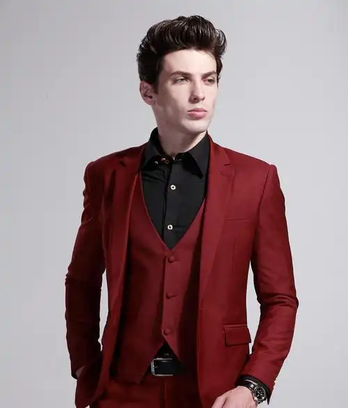 好意郎新款男士休闲西服韩版修身单粒扣酒红色西装结婚礼服外套潮_7折