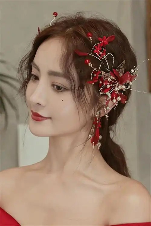 新娘敬酒服头饰发夹结婚礼服红色森系短发饰女仙超仙盘发优雅气质