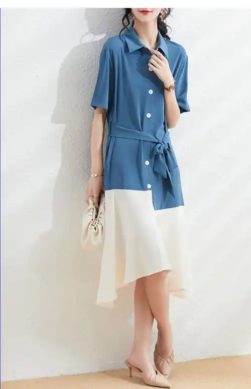 轻奢品牌名媛气质官网2021春夏新款蓝白拼接长裙系带不规则下摆连衣裙