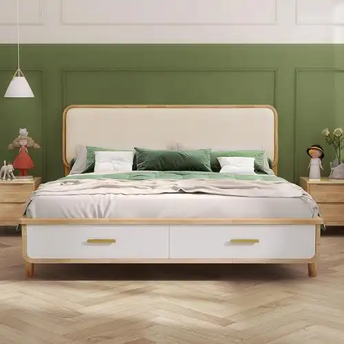 北欧风现代简约日式软包床单实木床