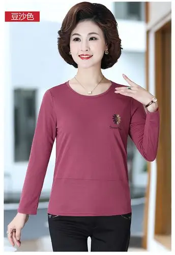 中年妈妈弹力打底衫大码秋装上衣中老年女装春秋长袖t恤 小葵花长袖
