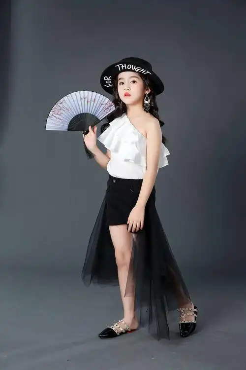 高档女童荷叶肩走秀潮时尚儿童模特比赛演出服儿童礼服