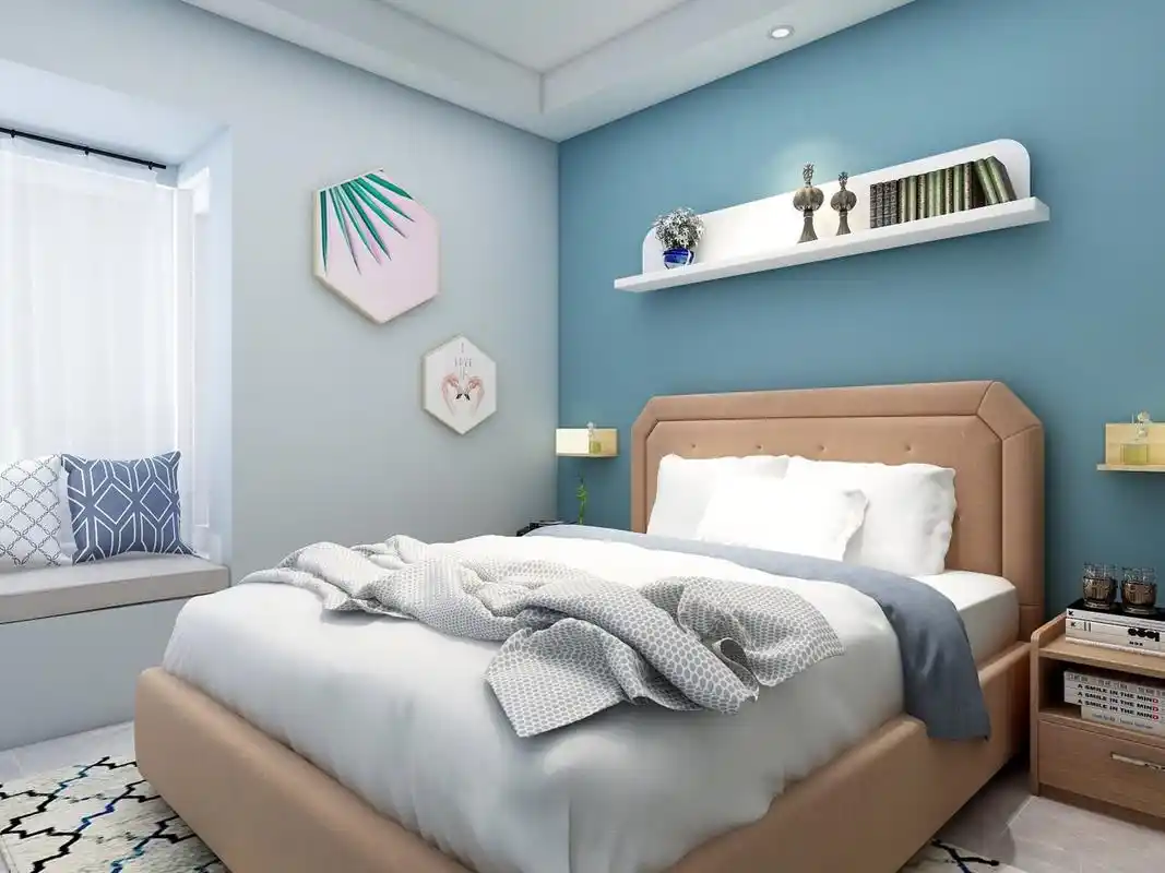 主卧墙面的乳胶漆,分别使用了蓝灰色和浅蓝色,这样的颜色有助于使人