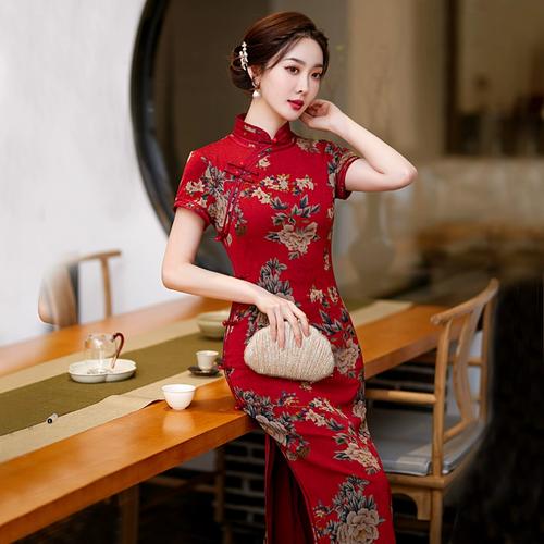 新款年轻款富贵牡丹红色国潮—旗袍>浙江 杭州阿勇旗袍 轻熟女装女装