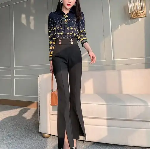 韩版2020春季时尚套装女飘带印花衬衫女高腰开叉喇叭裤两件套修身