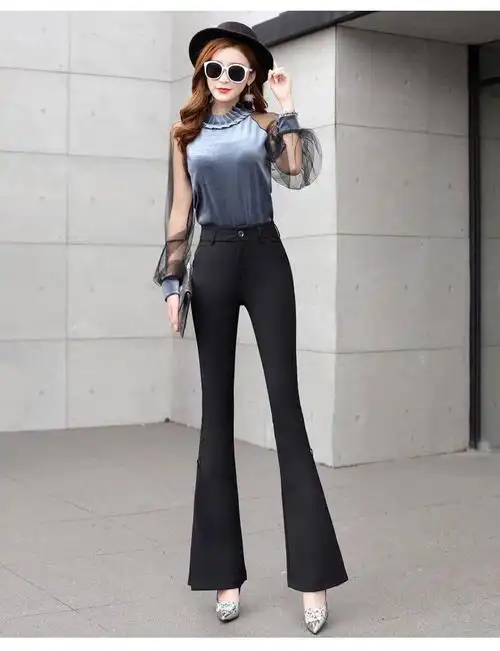 【京选暖服】20秋季大喇叭裤女裤高腰开叉蕾丝阔腿休闲裤西装喇叭裤