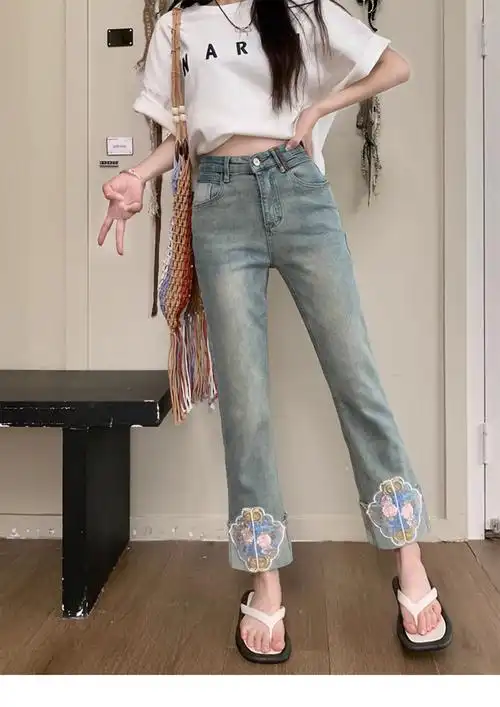 新中式国风复古牛仔裤女夏季胖mm高腰显瘦弹力九分直筒烟管裤 - 17网