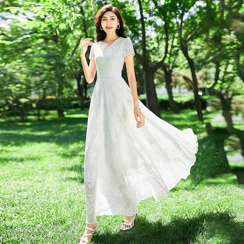 雪纺长款连衣裙女夏2020新款白色仙气大摆及踝长裙显瘦裙子超长