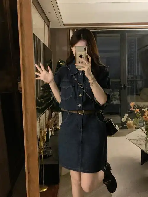 实拍~美式复古高街显瘦收腰百搭连衣牛仔裙 - 17网