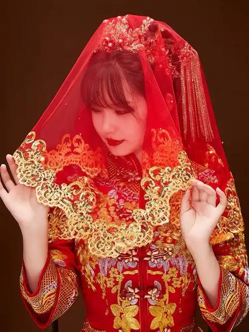 新娘红盖头新款中国国风喜帕蒙头头巾红色纱头头纱