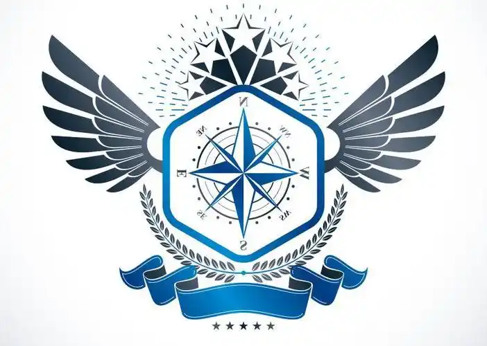 白色背景上蓝色的长着翅膀的狮子徽章设计