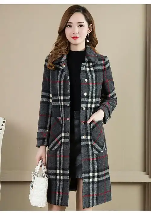 毛呢格子秋装外套女中长款韩版2017新款秋冬时尚女装加厚呢子大衣