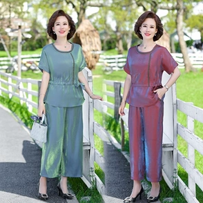 减龄两件套新款年轻妈妈夏装妇女短袖上衣中老年套装中年洋气大码