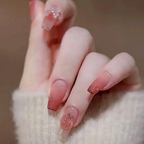 穿戴甲甲片中长款 冰透乌龙渐变水蜜桃美甲成品指甲贴片假指甲 - 彩妆