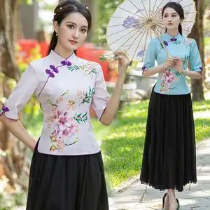 春季新款民族风斜襟日常改良旗袍上衣中袖女士复古两件套裙子套装