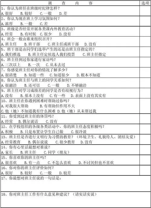 班主任工作问卷调查表