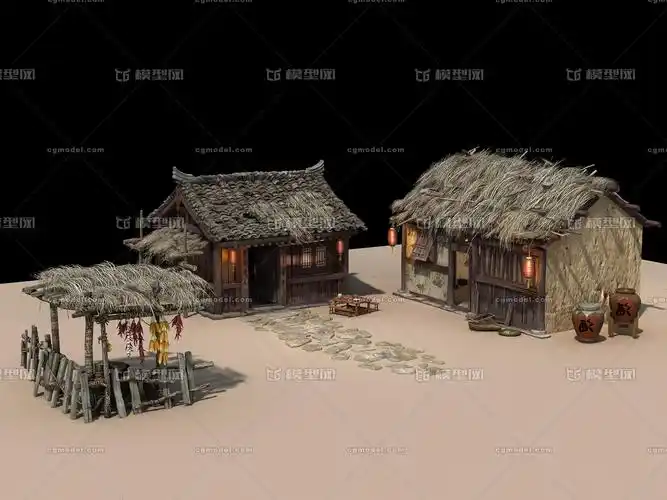 原始村落茅屋 房屋 院子 瓦房 古建村庄 茅草屋 茅草房屋 酒缸 土房子