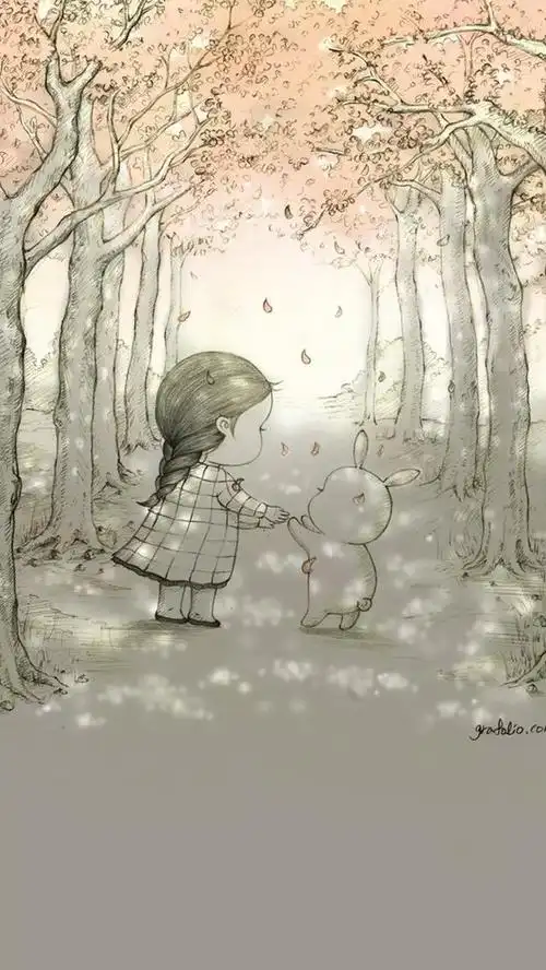 超级治愈的小女孩和兔子的插画