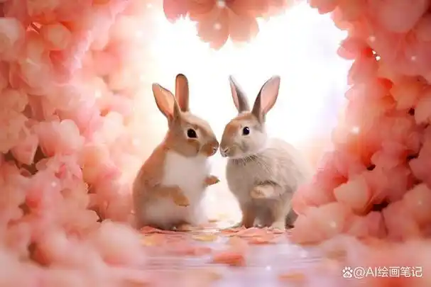 两只兔子在开满玫瑰花的玫瑰园里欢快地嬉戏着,捉迷藏,互相追逐,它们