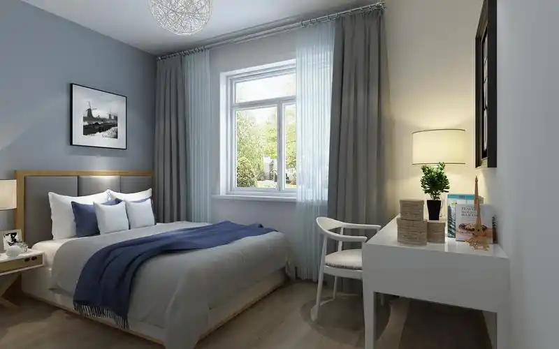 所以颜色的选择上略浅于其他空间,顶面为白色,灰白色的卧室有着安逸的