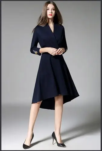 欧美大牌高端连衣裙女2017春夏装v领收腰前短后长燕尾修身中长裙