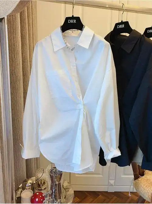 abcrcy日系原单衬衣女日本设计师小众错位纽扣造型两穿宽松长袖衬衫女
