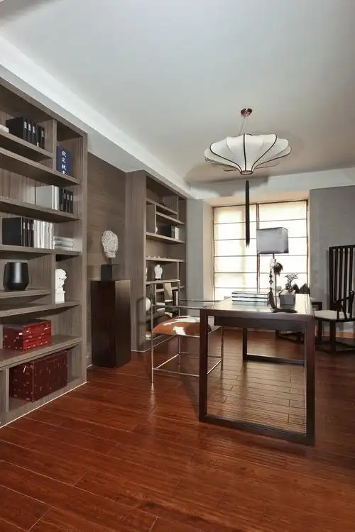 新中式书房木地板装修效果图棕色手抓纹地板图片