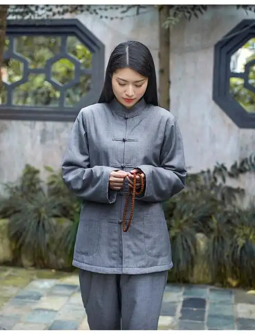 居士服女套装秋冬季加绒加厚佛系加肥加大男女同款家居打坐服灰色s
