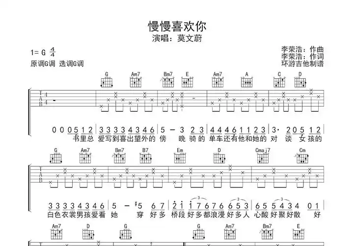 慢慢喜欢你吉他谱_莫文蔚_g调弹唱59%原版 - 吉他世界