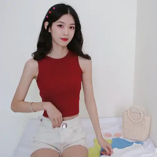 实拍实价大现货2021新款修身针织衫圆领短款露脐小背心女生百搭