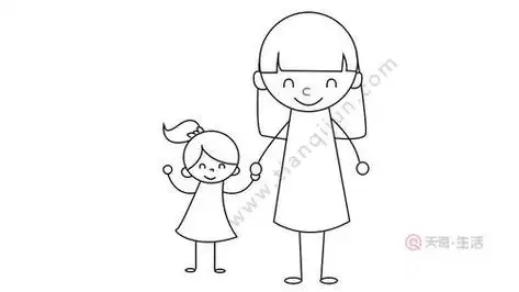 妈妈牵手女儿简笔画