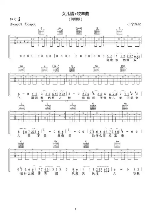 好妹妹乐队女儿情牧羊曲简易版吉他谱