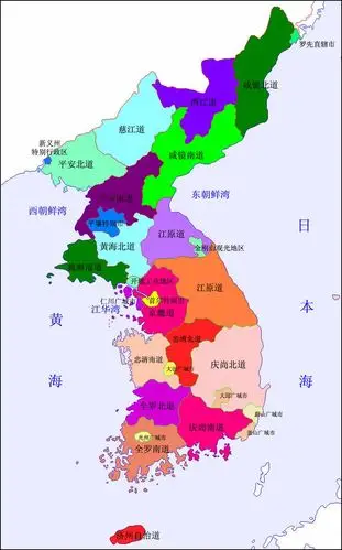 民主主义共和国与大韩民国南北双方一级行政区划的地图(2012年数据)