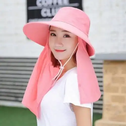 帽子女夏天防晒帽户外出游帽遮脸护脖帽骑车遮阳太阳帽经典采茶帽粉色