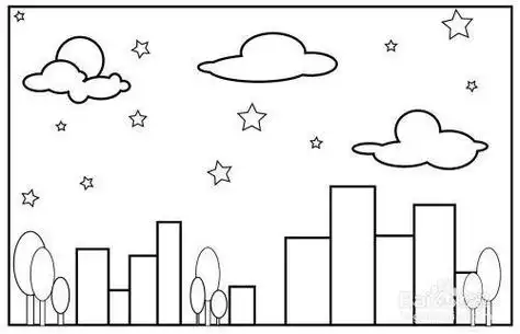 简笔画城市夜景夜晚的月亮风景简笔画.