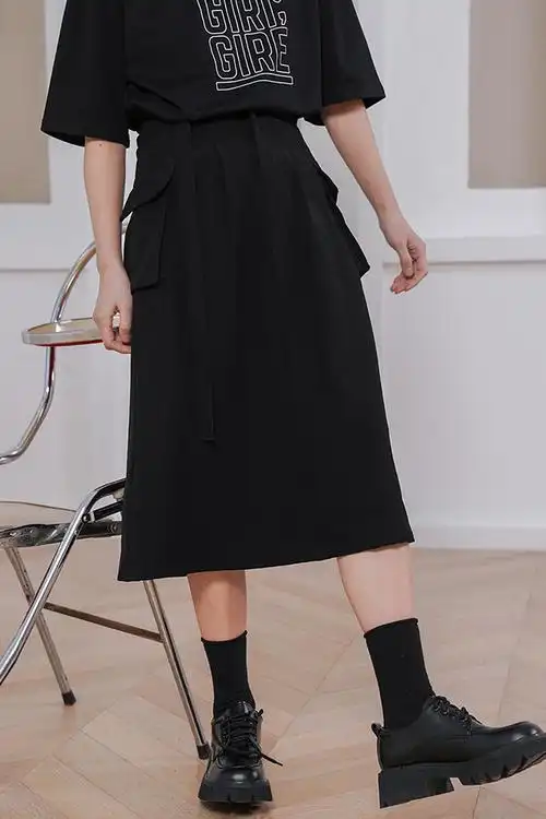 尔给复古工装裙黑色半身裙2021新款设计感小众中长款a字裙夏